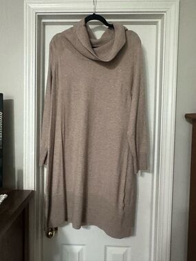 Cyrus Cozy Cowl Neck Sweater Dress in Light Taupe